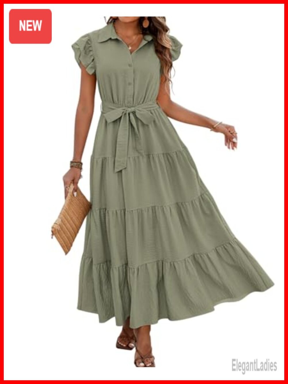 Women Ruffle Sleeve Button Belted Boho Maxi Dress V-Neck A-Line Tiered